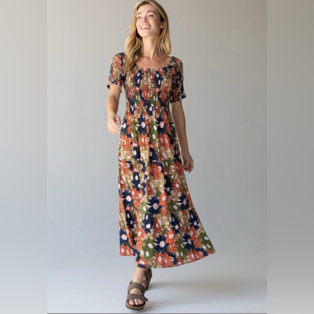 Natural Life Daisy Print Smocked Midi Dress